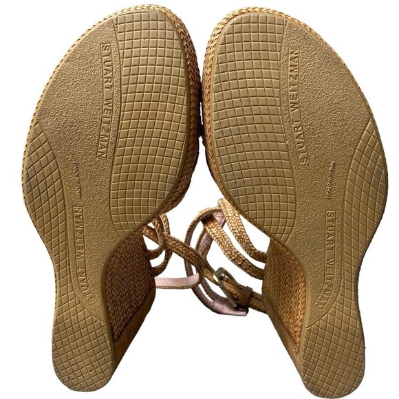 Stuart Weitzman Reins Wedge Sandal Size 9 Tan Camel Strappy Heel Straw Weave - Picture 10 of 16